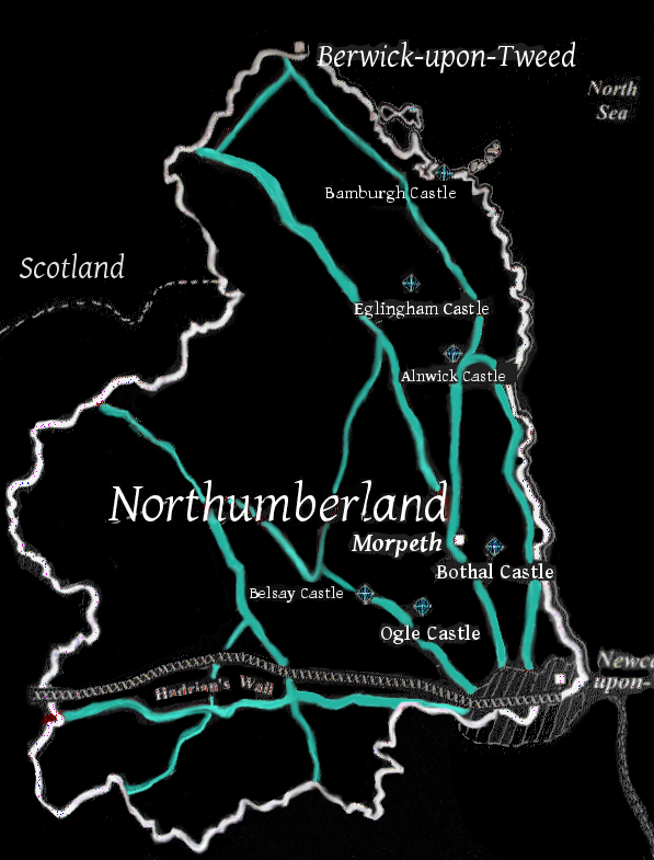 Castles, cities and important sites closely related to Ogle history in Northumberland.